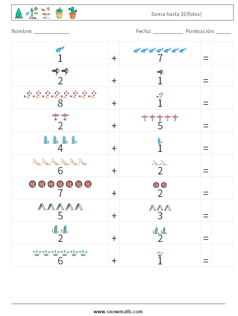 Suma hasta 10(fotos) Hojas de trabajo de matemáticas 11