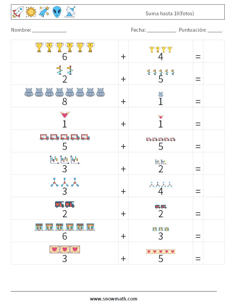 Suma hasta 10(fotos) Hojas de trabajo de matemáticas 12