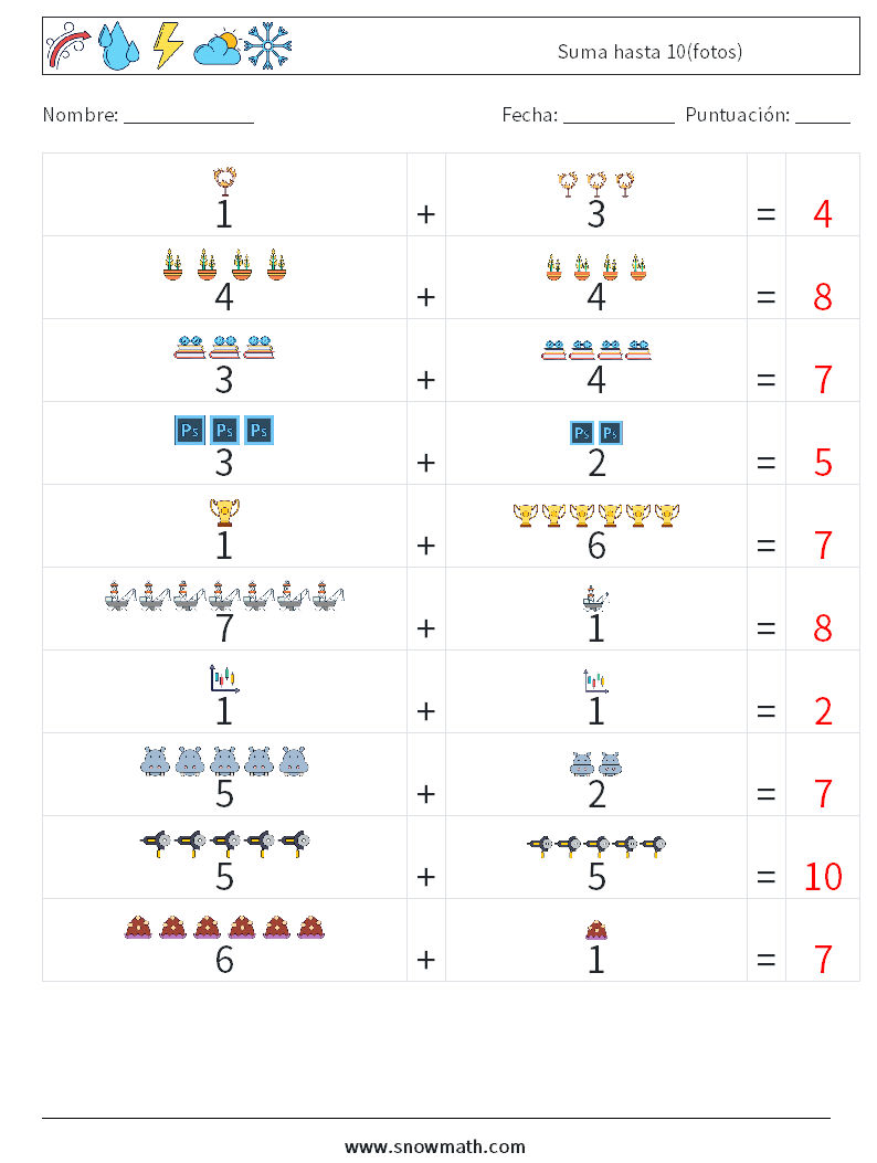 Suma hasta 10(fotos) Hojas de trabajo de matemáticas 13 Pregunta, respuesta