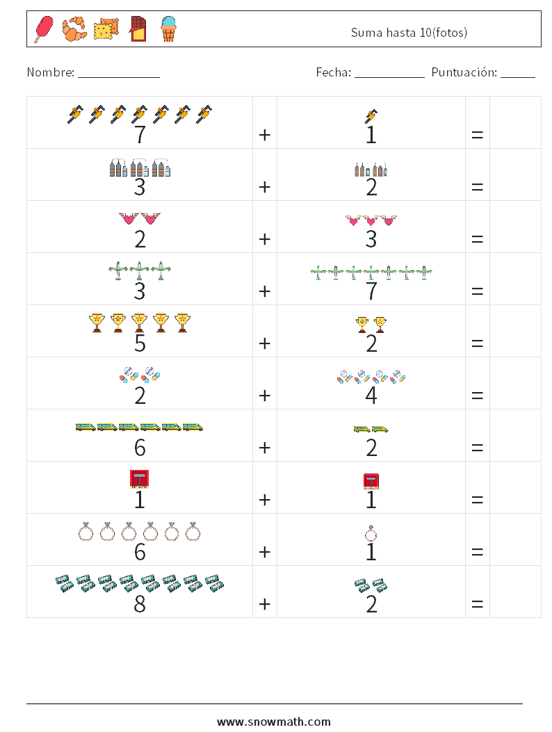 Suma hasta 10(fotos) Hojas de trabajo de matemáticas 14