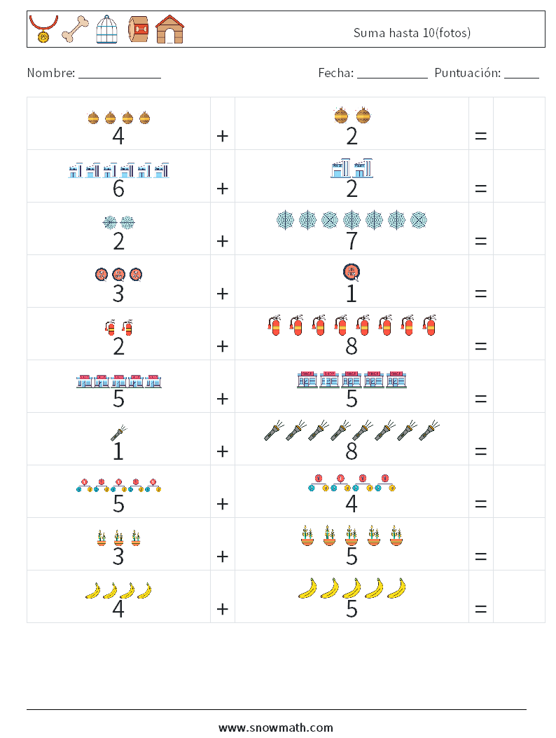 Suma hasta 10(fotos) Hojas de trabajo de matemáticas 15
