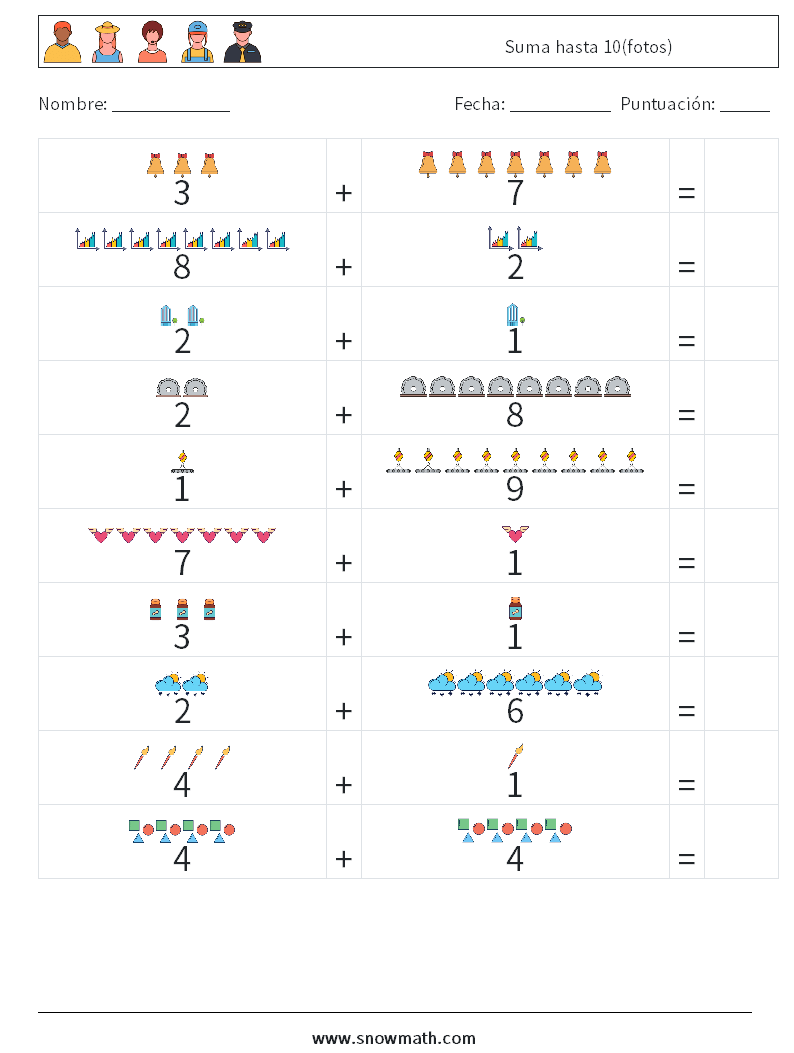 Suma hasta 10(fotos) Hojas de trabajo de matemáticas 16