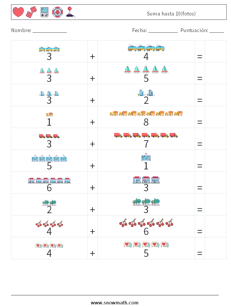 Suma hasta 10(fotos) Hojas de trabajo de matemáticas 17