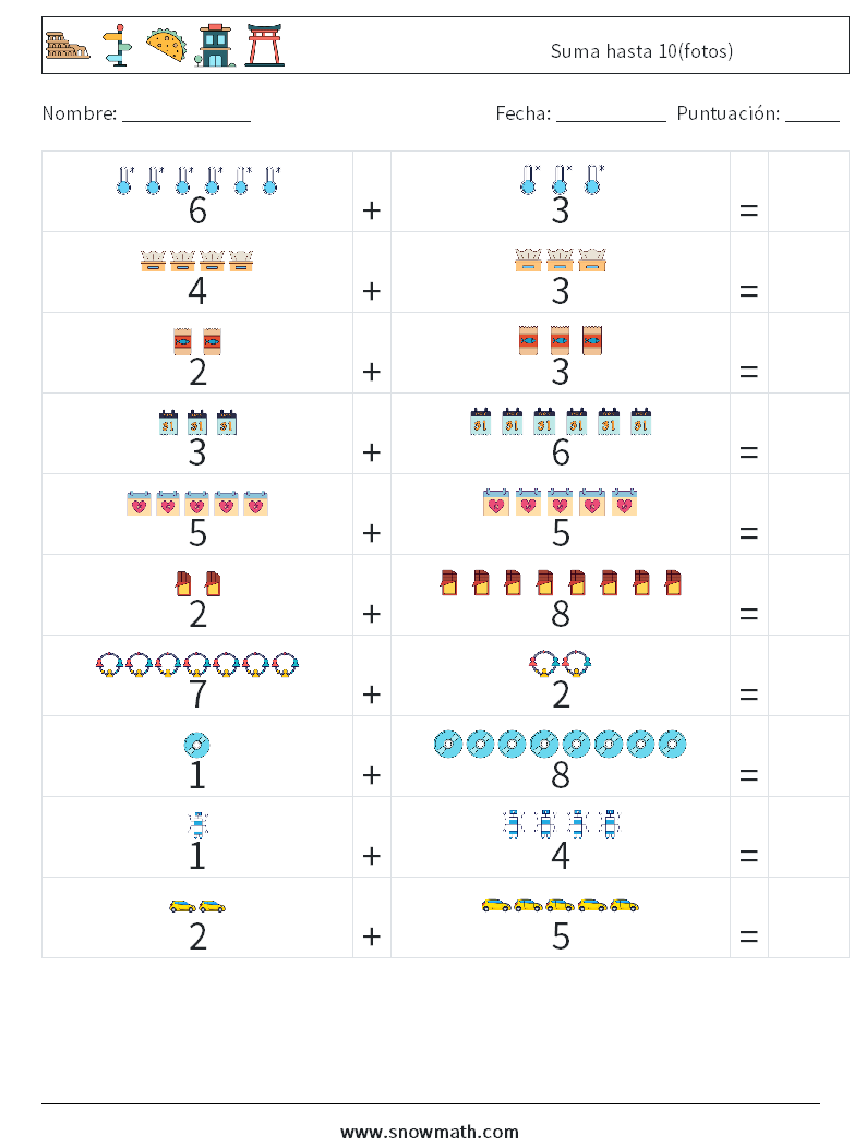 Suma hasta 10(fotos) Hojas de trabajo de matemáticas 18