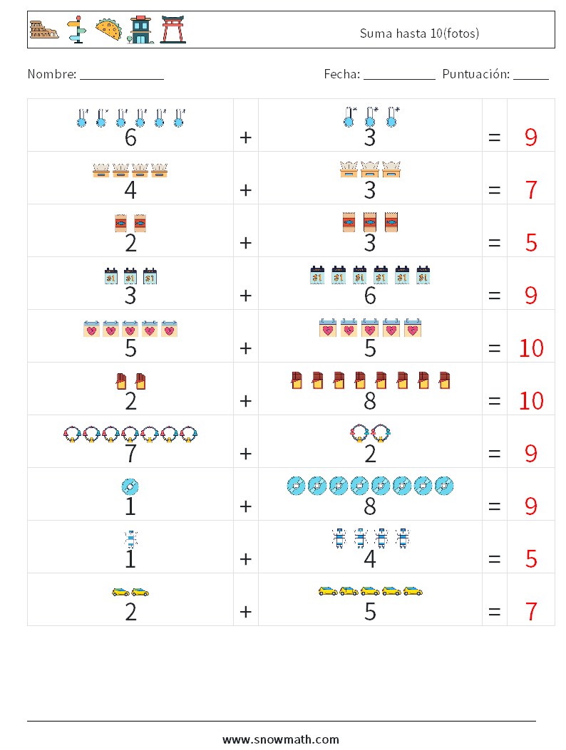 Suma hasta 10(fotos) Hojas de trabajo de matemáticas 18 Pregunta, respuesta