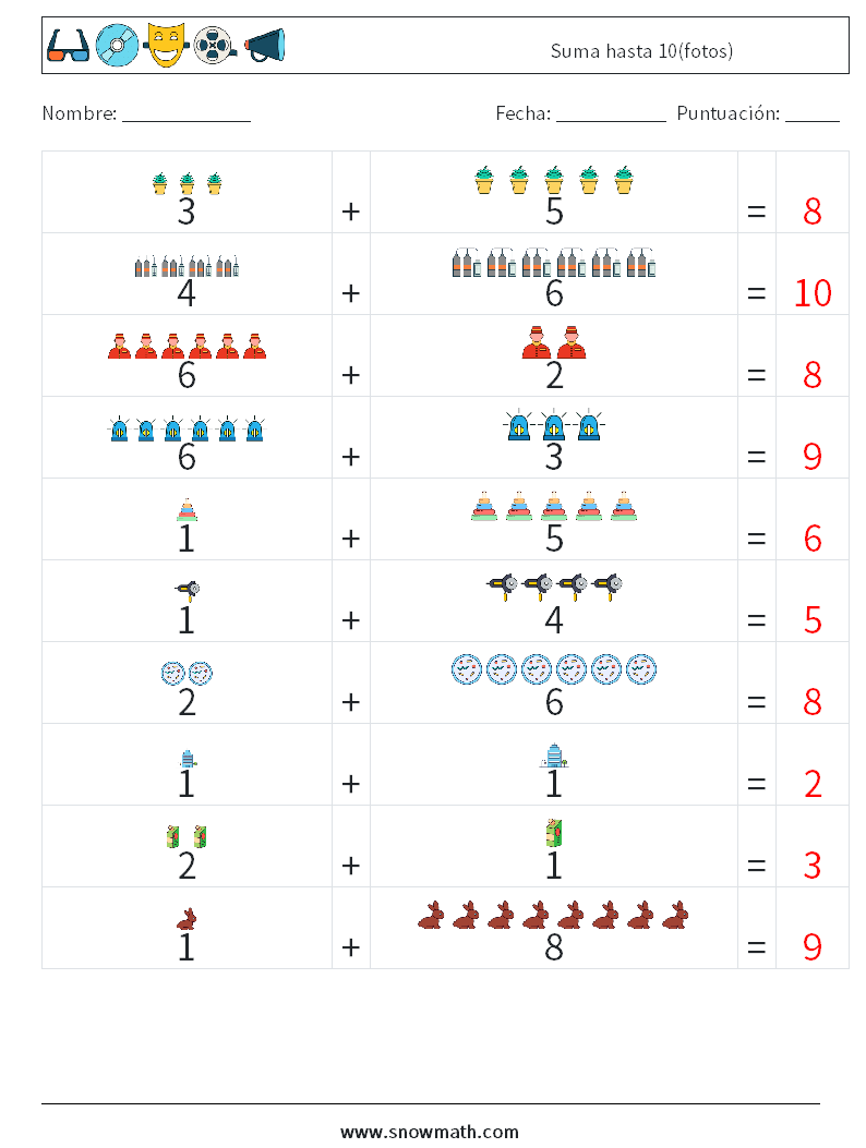 Suma hasta 10(fotos) Hojas de trabajo de matemáticas 1 Pregunta, respuesta