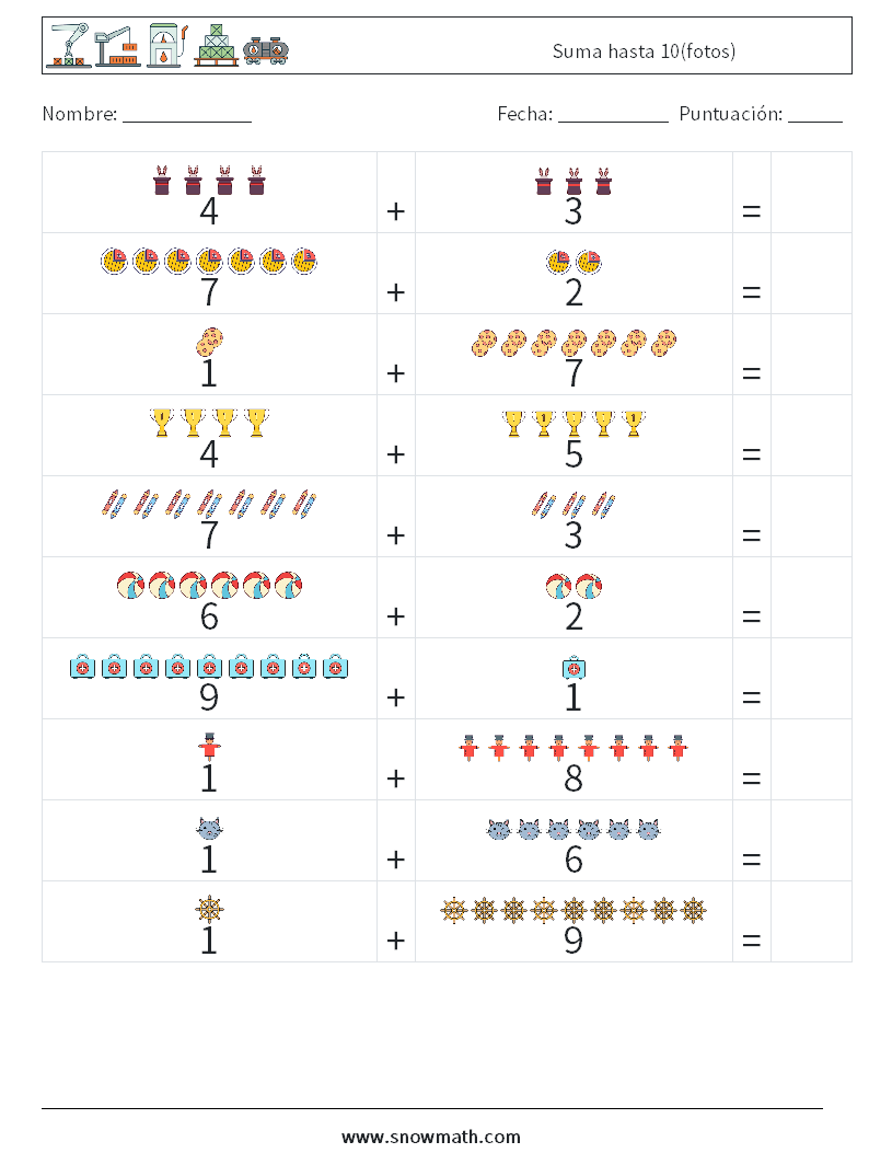 Suma hasta 10(fotos) Hojas de trabajo de matemáticas 2