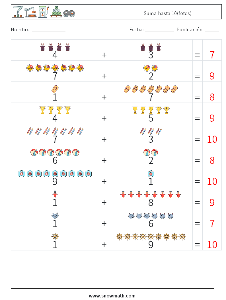 Suma hasta 10(fotos) Hojas de trabajo de matemáticas 2 Pregunta, respuesta