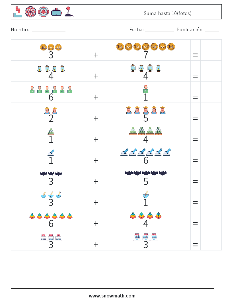 Suma hasta 10(fotos) Hojas de trabajo de matemáticas 3