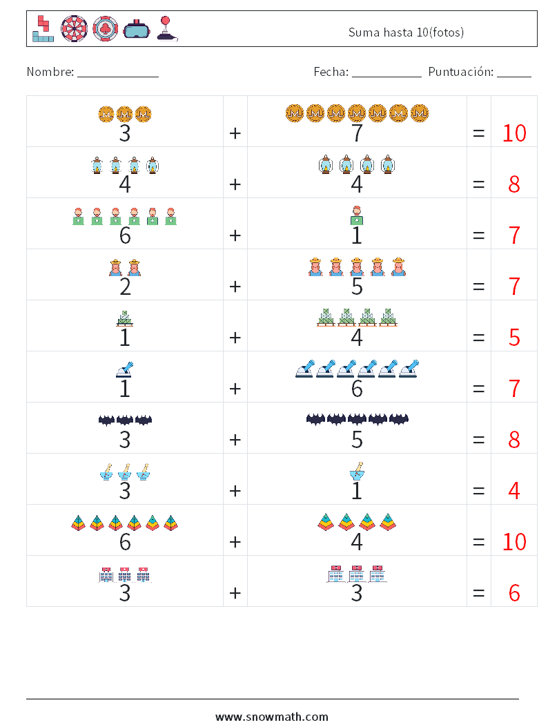 Suma hasta 10(fotos) Hojas de trabajo de matemáticas 3 Pregunta, respuesta