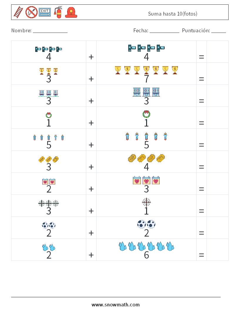 Suma hasta 10(fotos) Hojas de trabajo de matemáticas 4