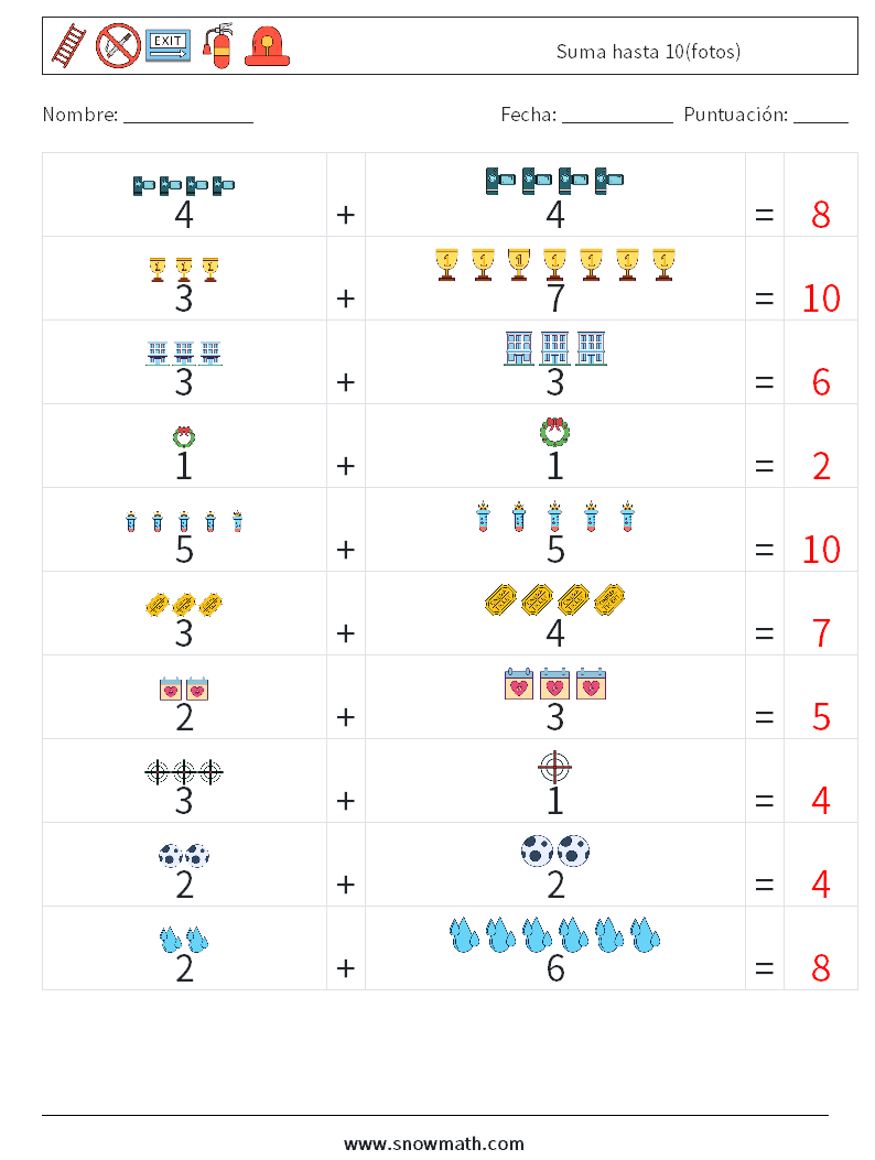 Suma hasta 10(fotos) Hojas de trabajo de matemáticas 4 Pregunta, respuesta