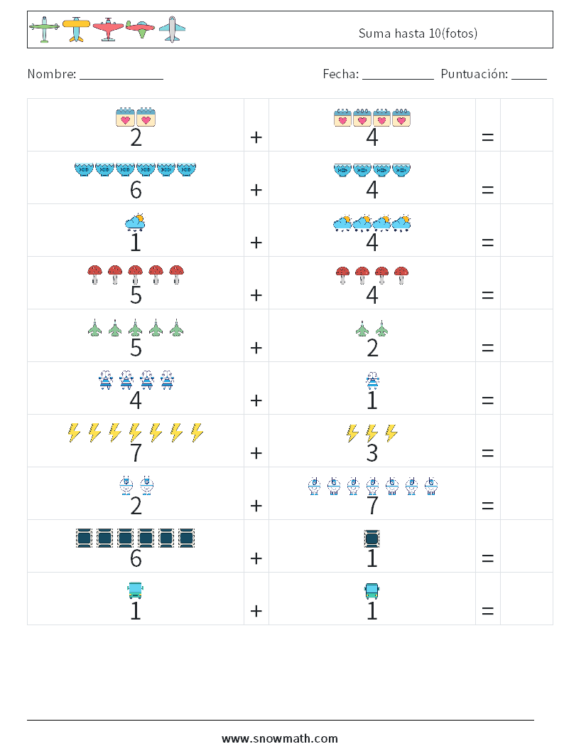 Suma hasta 10(fotos) Hojas de trabajo de matemáticas 5