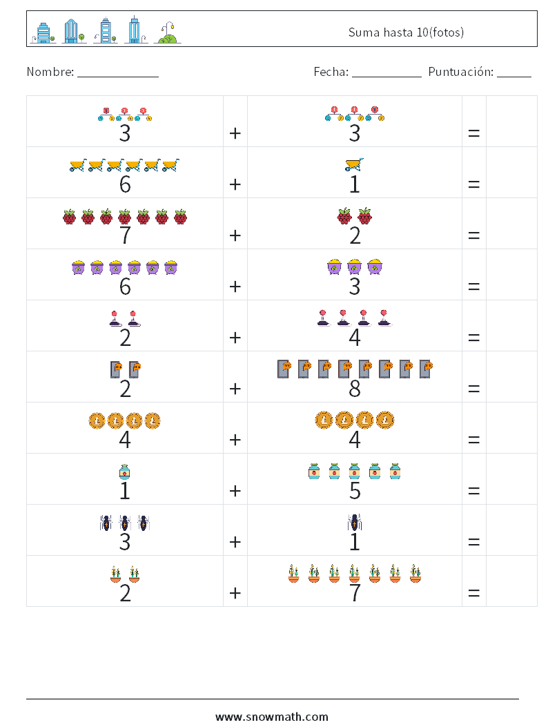 Suma hasta 10(fotos) Hojas de trabajo de matemáticas 6