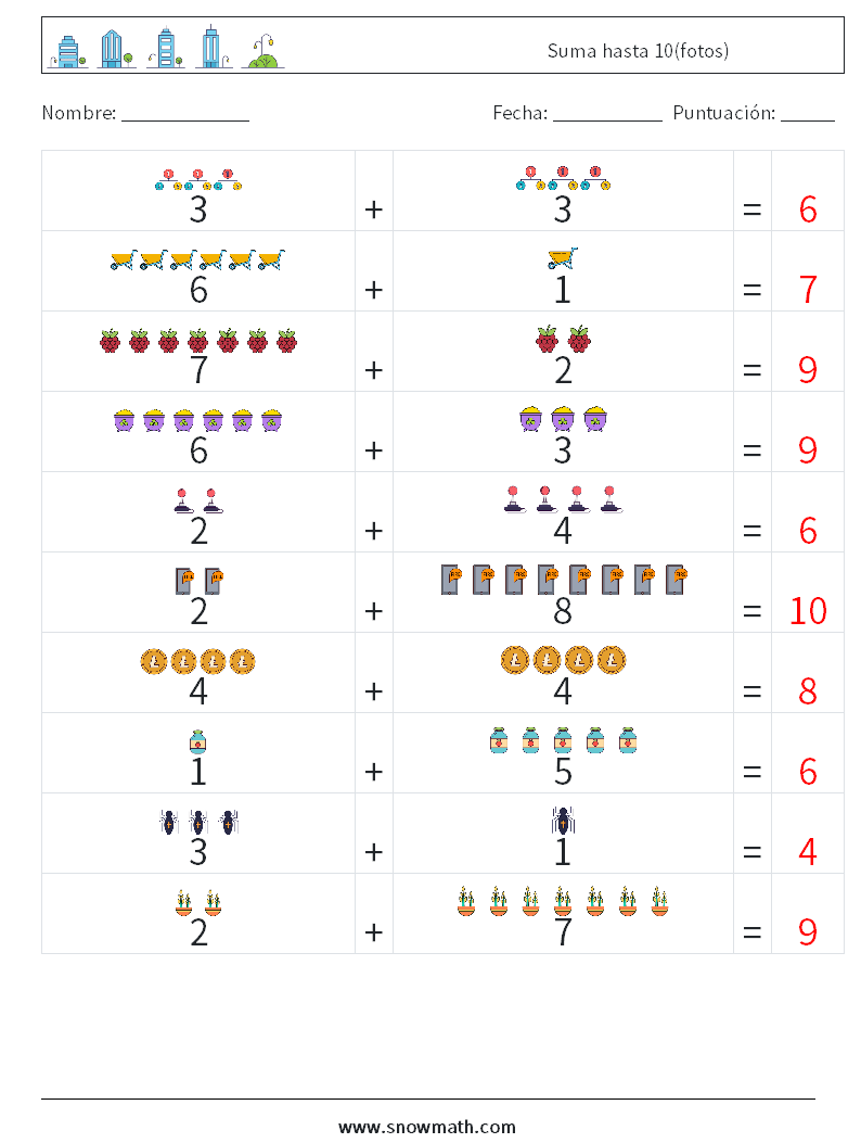 Suma hasta 10(fotos) Hojas de trabajo de matemáticas 6 Pregunta, respuesta
