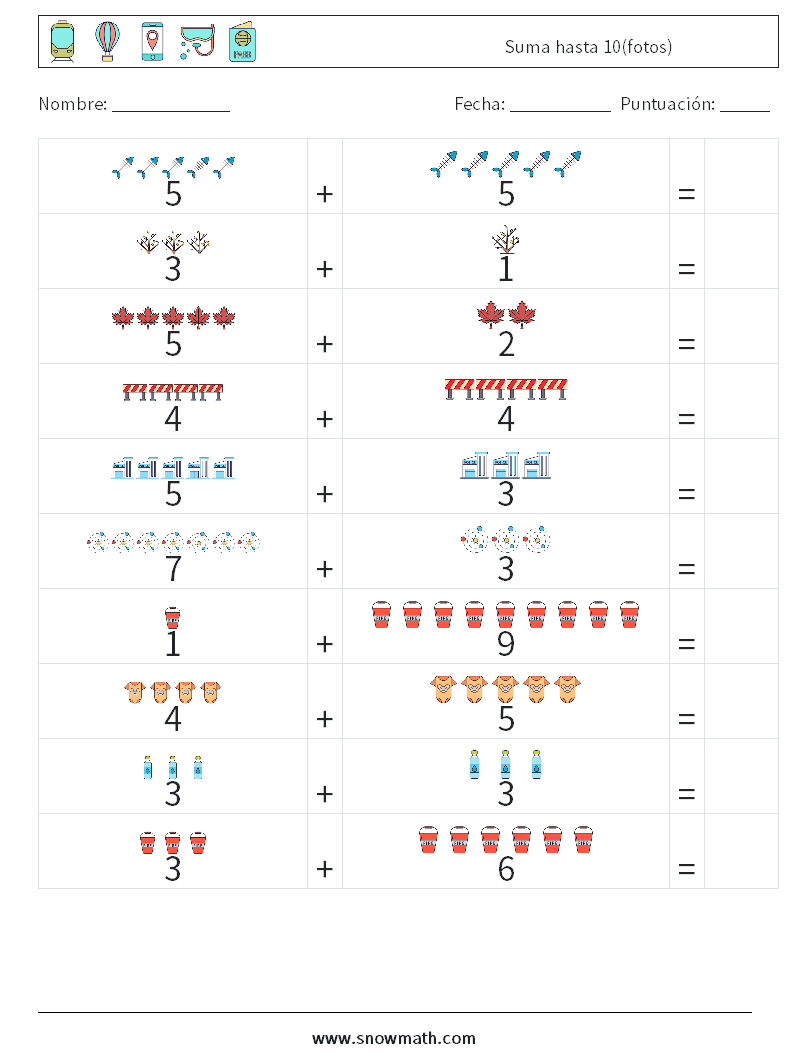 Suma hasta 10(fotos) Hojas de trabajo de matemáticas 7