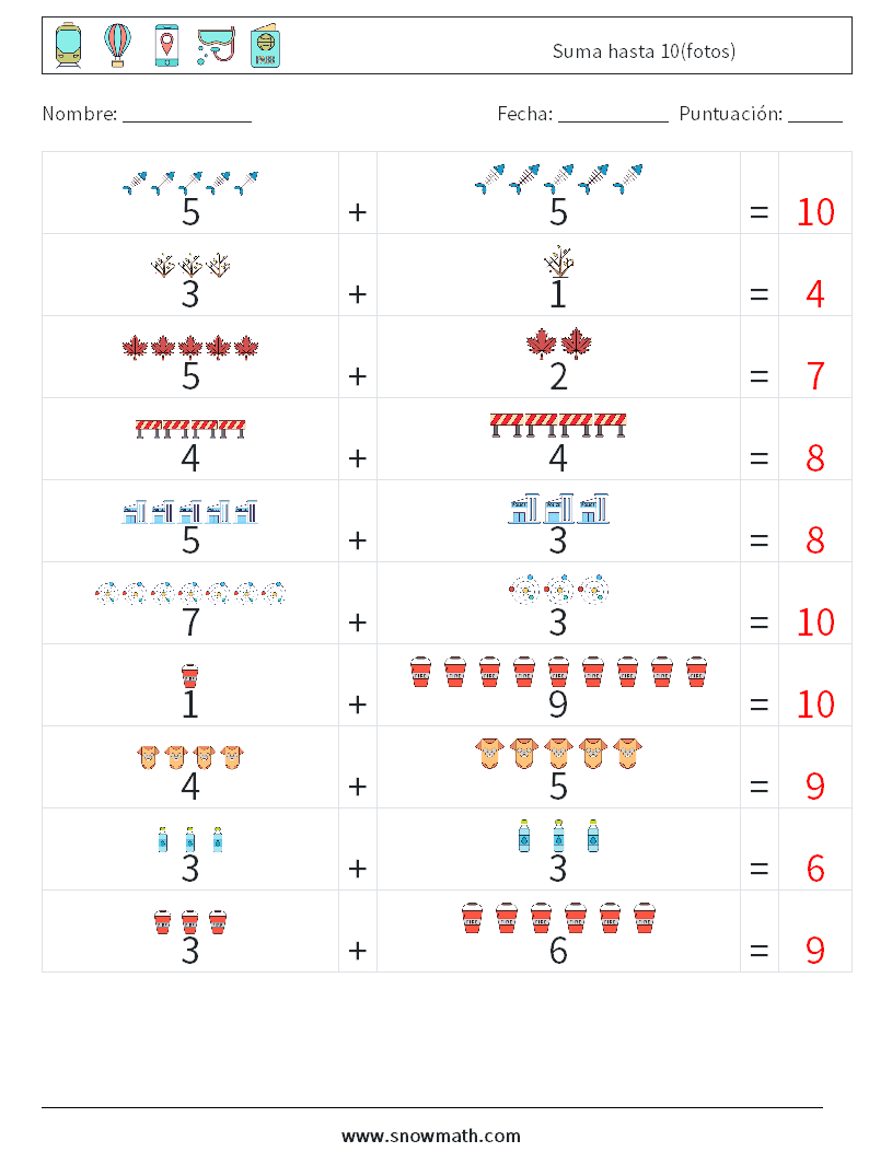 Suma hasta 10(fotos) Hojas de trabajo de matemáticas 7 Pregunta, respuesta