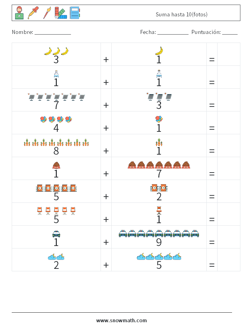 Suma hasta 10(fotos) Hojas de trabajo de matemáticas 8
