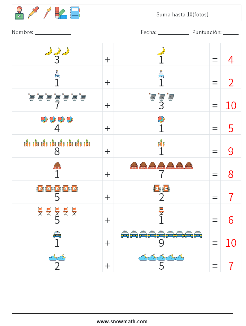 Suma hasta 10(fotos) Hojas de trabajo de matemáticas 8 Pregunta, respuesta