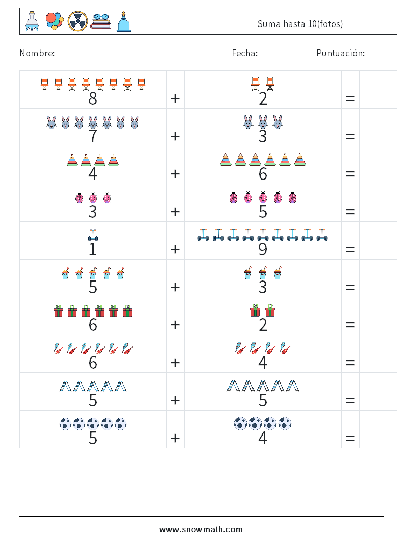 Suma hasta 10(fotos) Hojas de trabajo de matemáticas 9