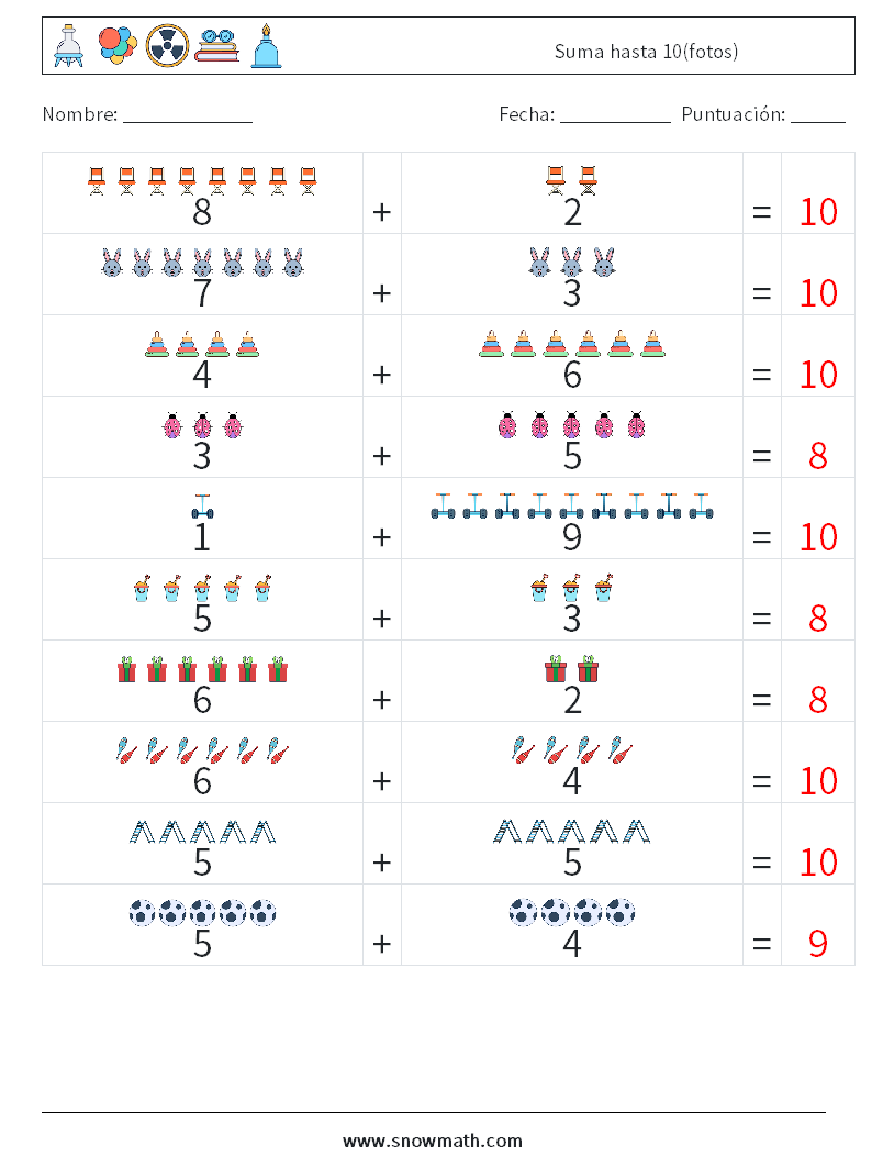 Suma hasta 10(fotos) Hojas de trabajo de matemáticas 9 Pregunta, respuesta