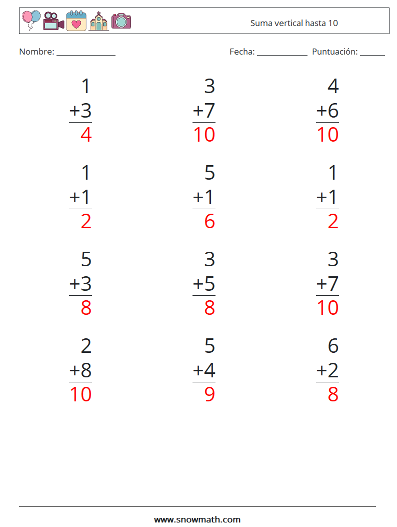 (12) Suma vertical hasta 10 Hojas de trabajo de matemáticas 1 Pregunta, respuesta
