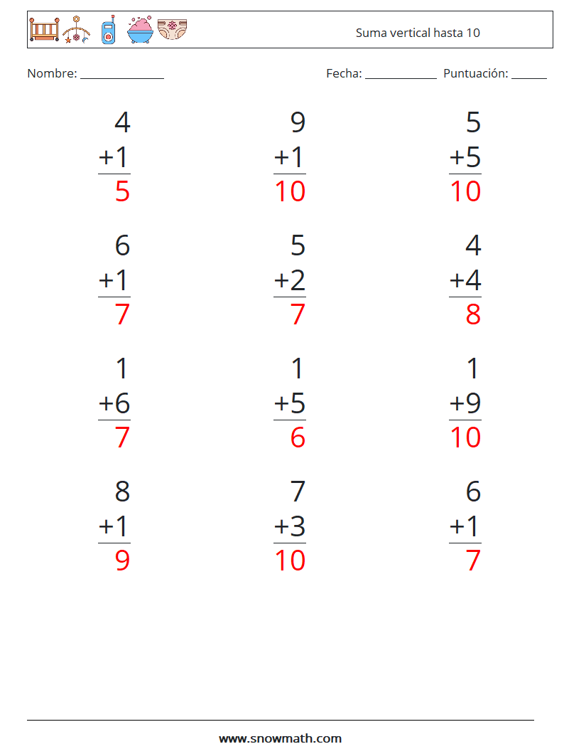 (12) Suma vertical hasta 10 Hojas de trabajo de matemáticas 2 Pregunta, respuesta