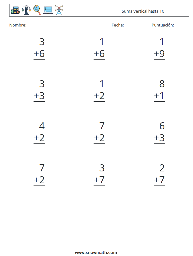 (12) Suma vertical hasta 10 Hojas de trabajo de matemáticas 3