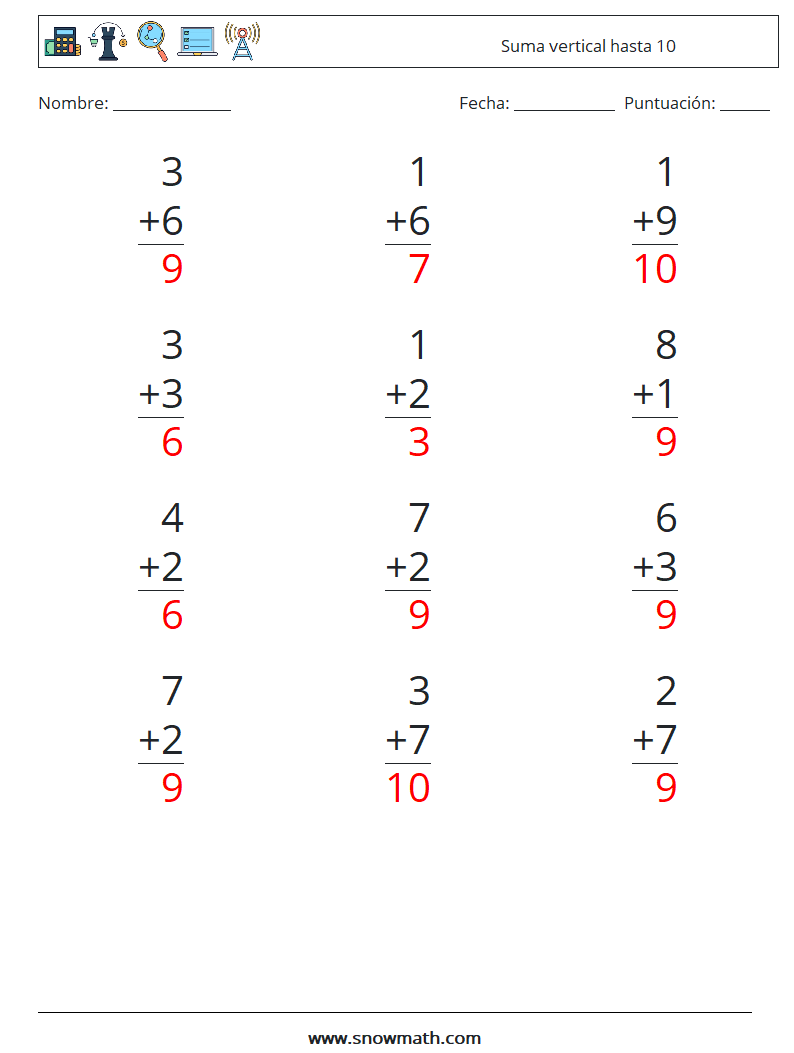 (12) Suma vertical hasta 10 Hojas de trabajo de matemáticas 3 Pregunta, respuesta