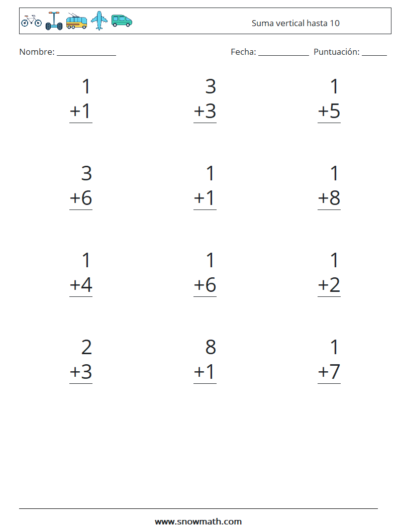 (12) Suma vertical hasta 10 Hojas de trabajo de matemáticas 4