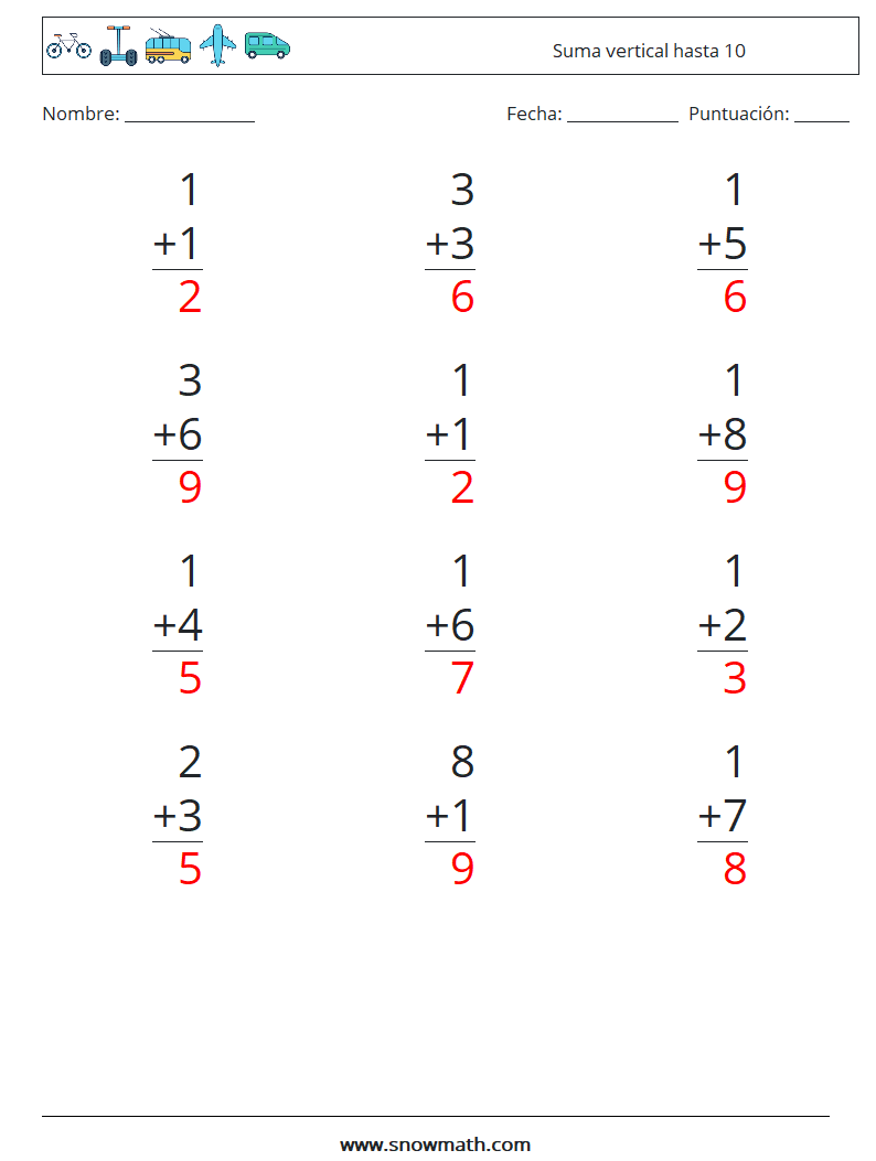(12) Suma vertical hasta 10 Hojas de trabajo de matemáticas 4 Pregunta, respuesta