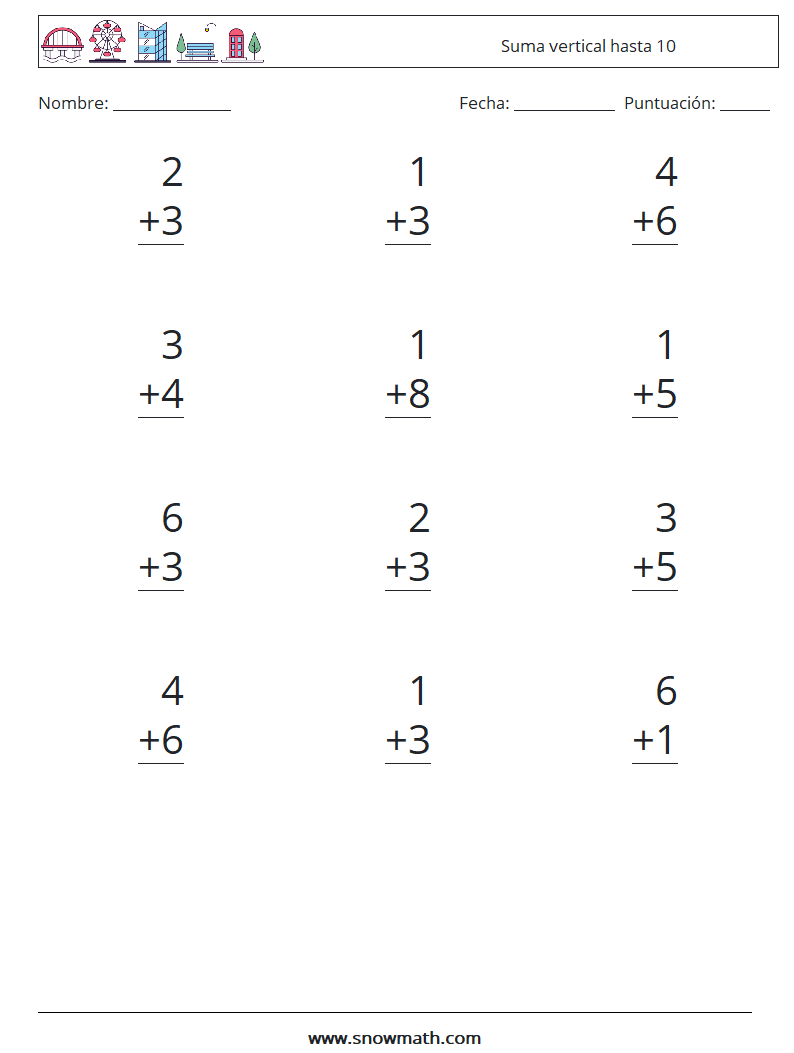 (12) Suma vertical hasta 10 Hojas de trabajo de matemáticas 5