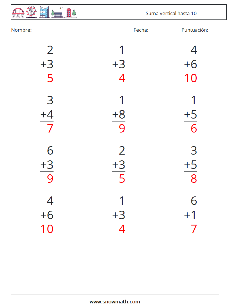 (12) Suma vertical hasta 10 Hojas de trabajo de matemáticas 5 Pregunta, respuesta