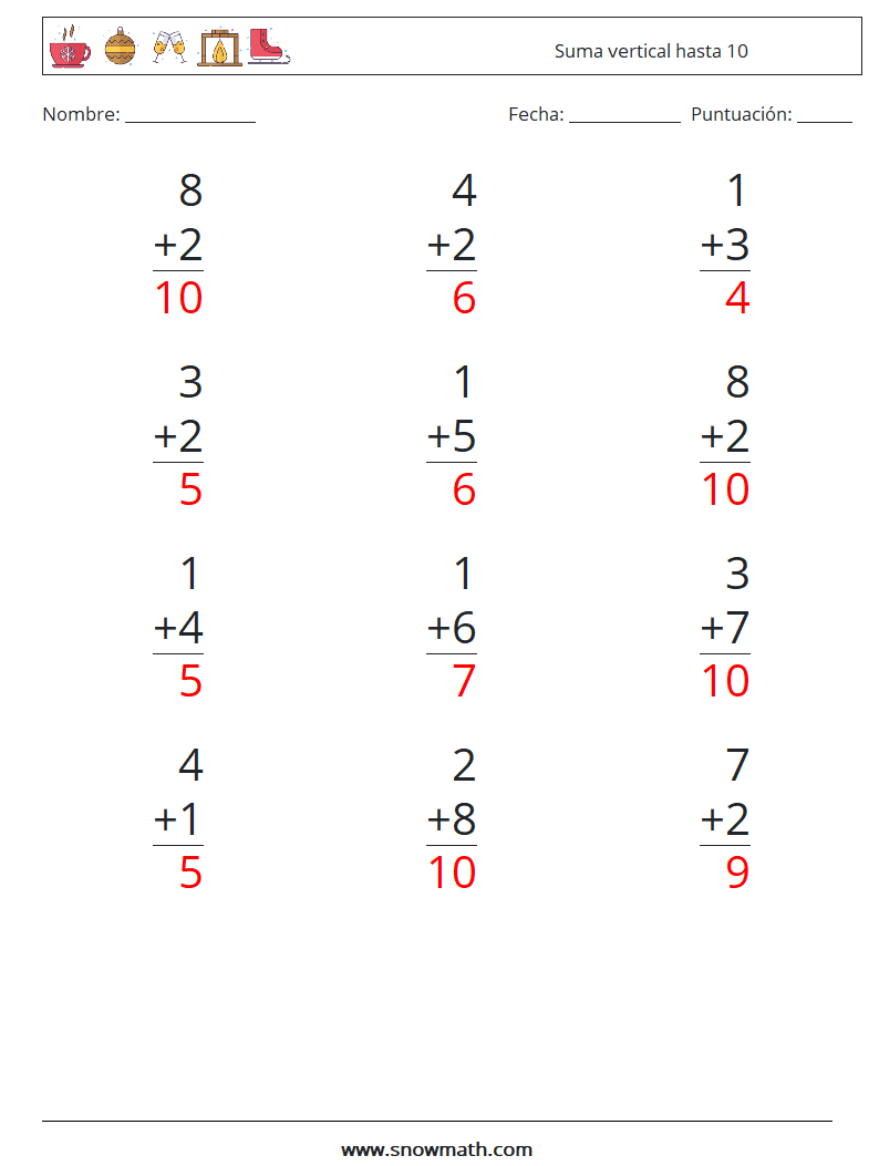 (12) Suma vertical hasta 10 Hojas de trabajo de matemáticas 6 Pregunta, respuesta