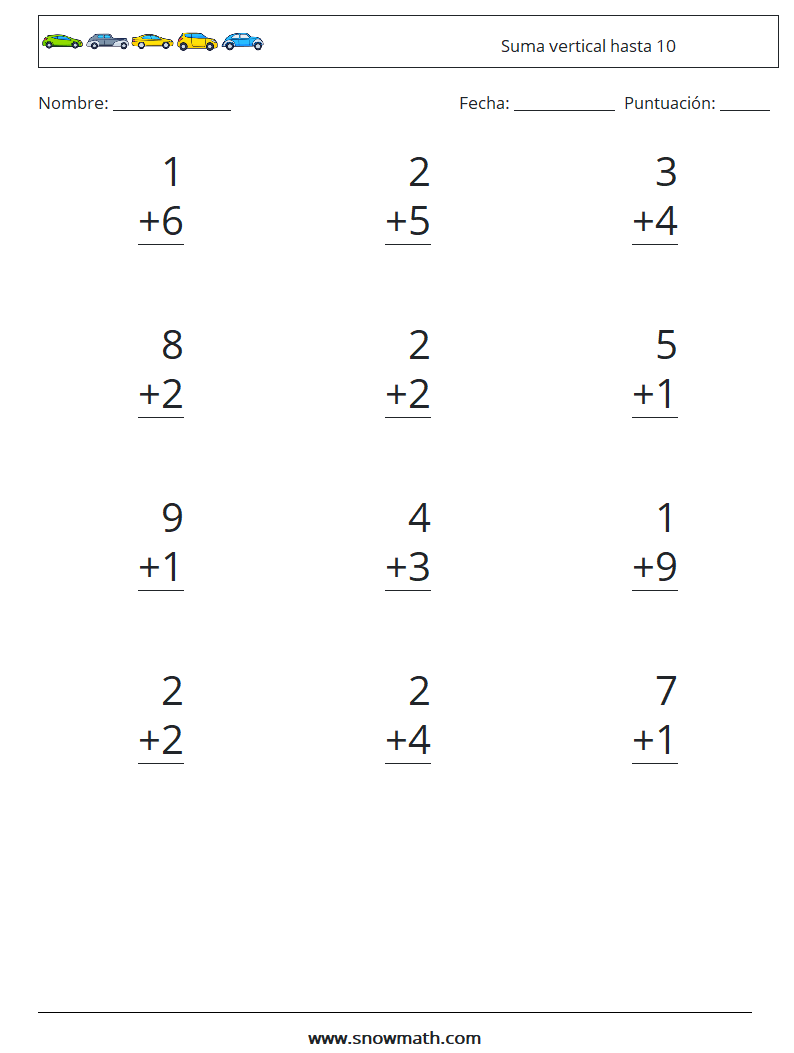 (12) Suma vertical hasta 10 Hojas de trabajo de matemáticas 7
