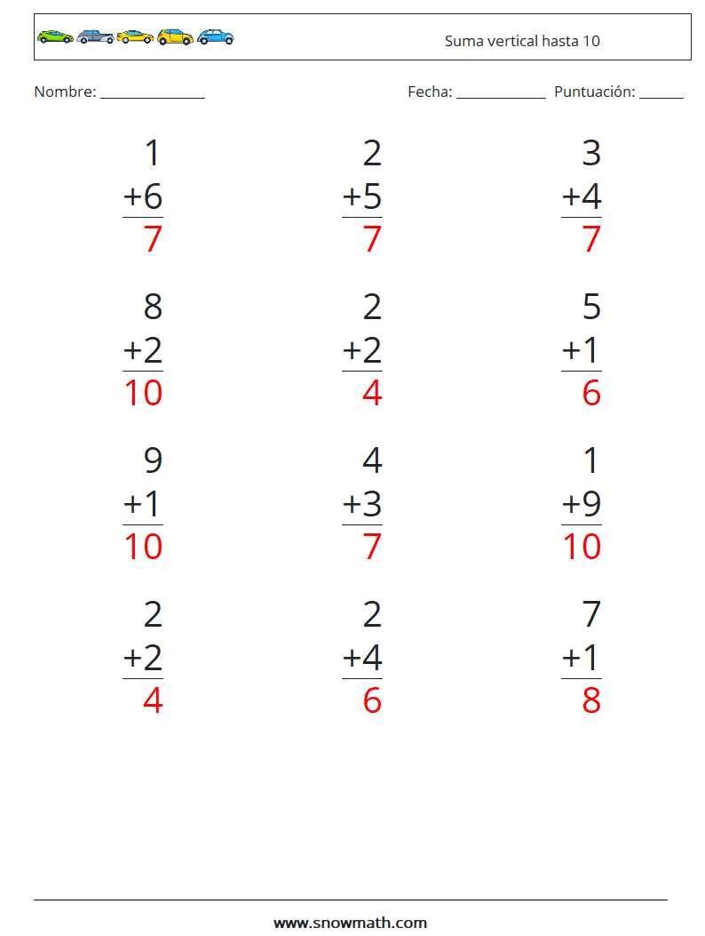 (12) Suma vertical hasta 10 Hojas de trabajo de matemáticas 7 Pregunta, respuesta