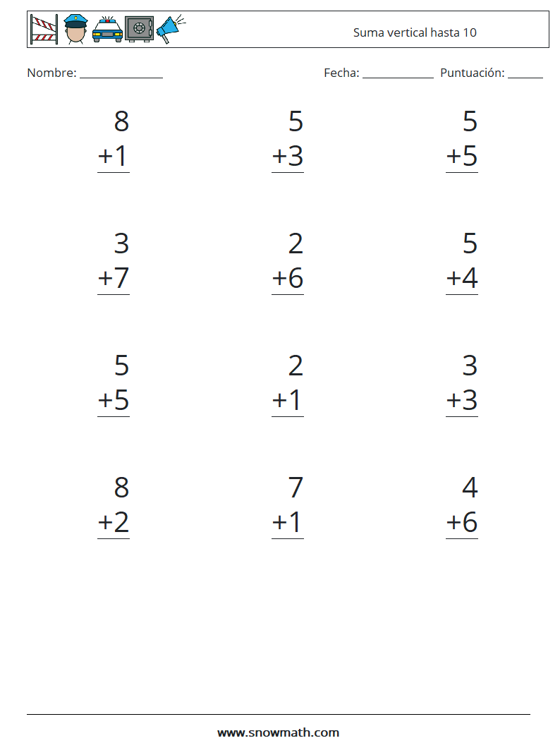 (12) Suma vertical hasta 10 Hojas de trabajo de matemáticas 8