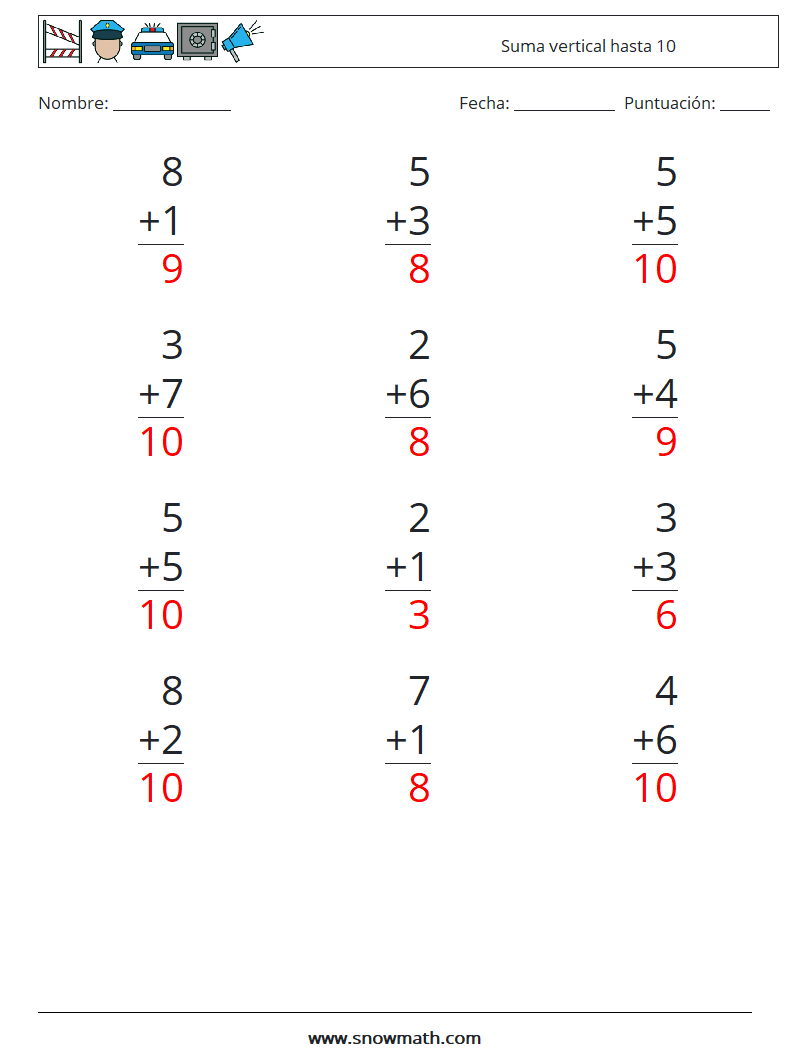 (12) Suma vertical hasta 10 Hojas de trabajo de matemáticas 8 Pregunta, respuesta