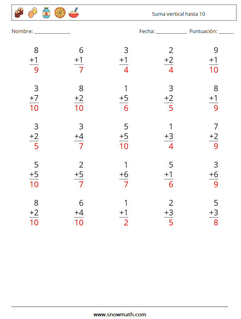 (25) Suma vertical hasta 10 Hojas de trabajo de matemáticas 1 Pregunta, respuesta