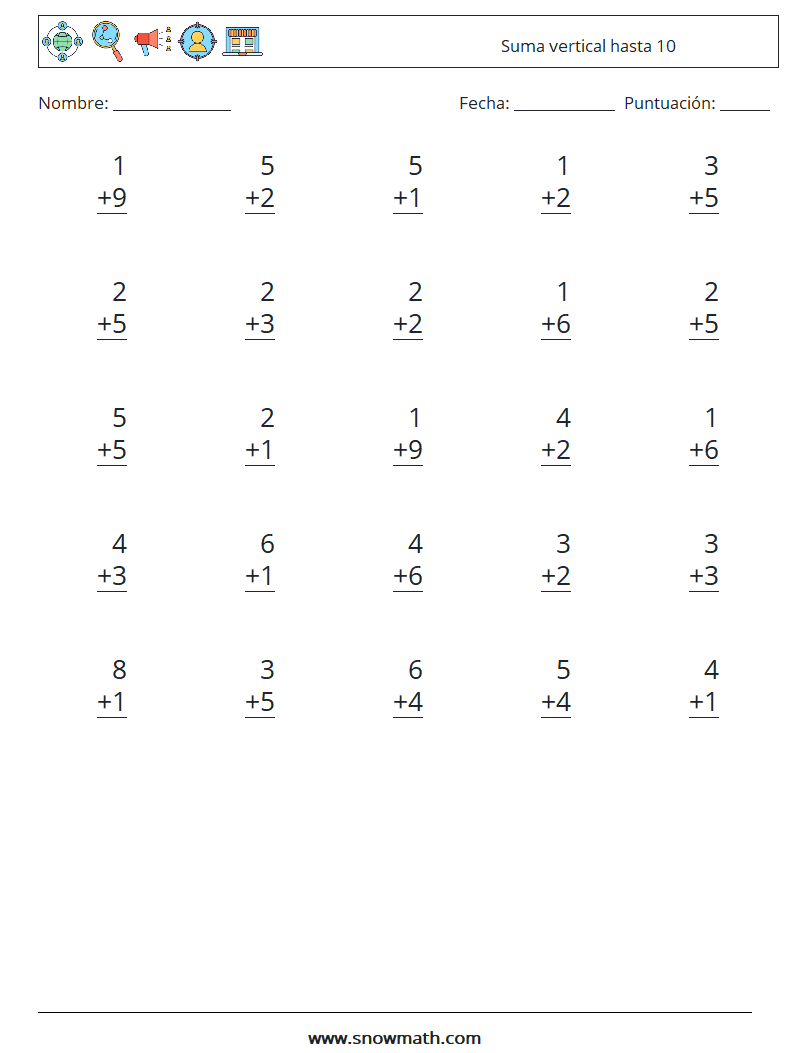 (25) Suma vertical hasta 10 Hojas de trabajo de matemáticas 2