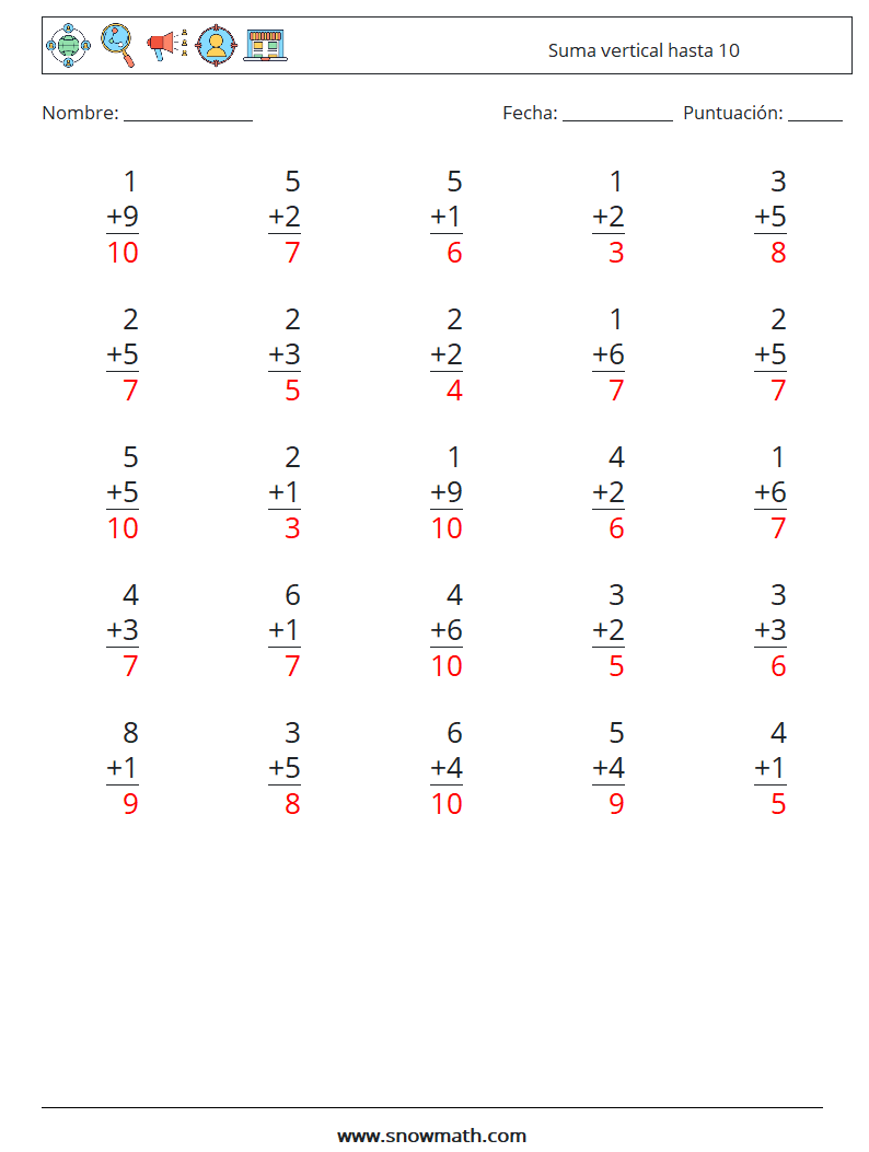 (25) Suma vertical hasta 10 Hojas de trabajo de matemáticas 2 Pregunta, respuesta