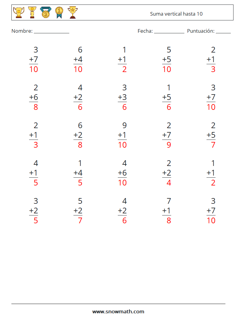 (25) Suma vertical hasta 10 Hojas de trabajo de matemáticas 3 Pregunta, respuesta