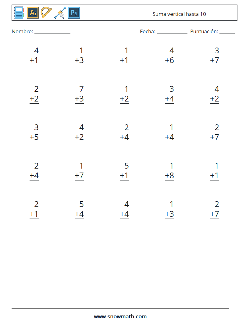(25) Suma vertical hasta 10 Hojas de trabajo de matemáticas 4