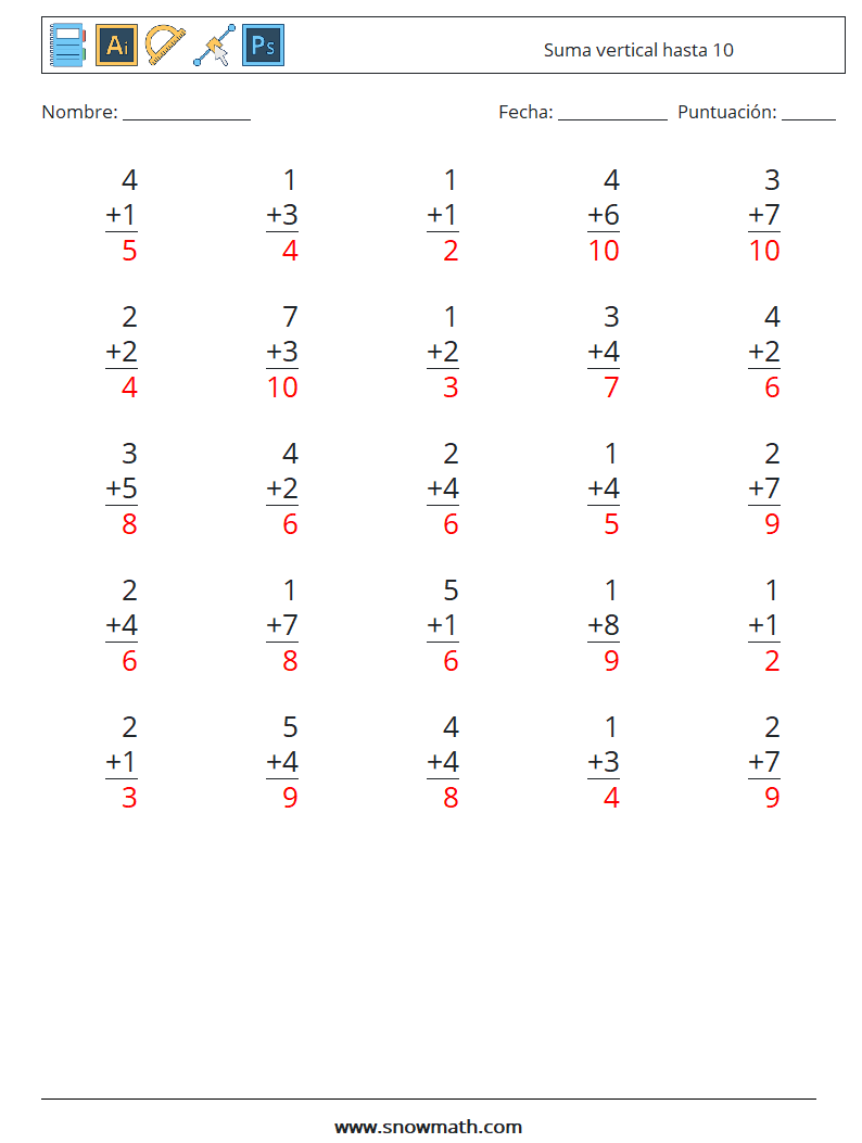 (25) Suma vertical hasta 10 Hojas de trabajo de matemáticas 4 Pregunta, respuesta