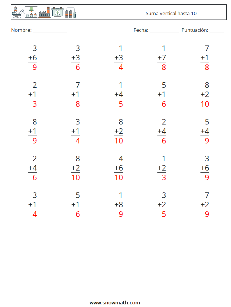 (25) Suma vertical hasta 10 Hojas de trabajo de matemáticas 6 Pregunta, respuesta