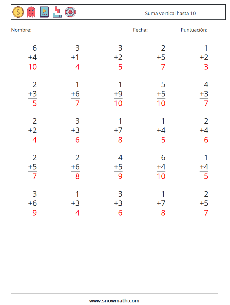 (25) Suma vertical hasta 10 Hojas de trabajo de matemáticas 7 Pregunta, respuesta