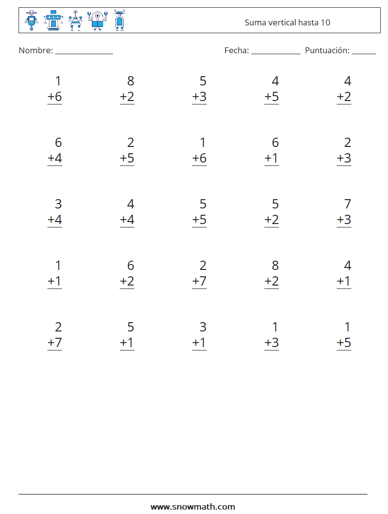 (25) Suma vertical hasta 10 Hojas de trabajo de matemáticas 8
