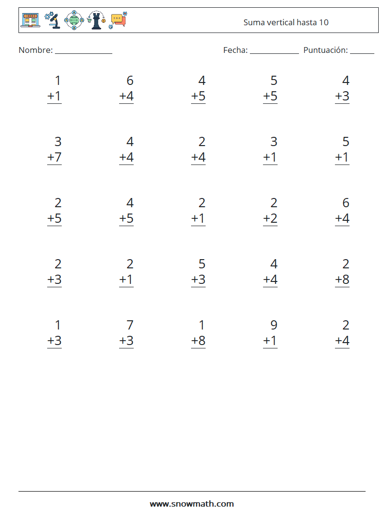 (25) Suma vertical hasta 10 Hojas de trabajo de matemáticas 9