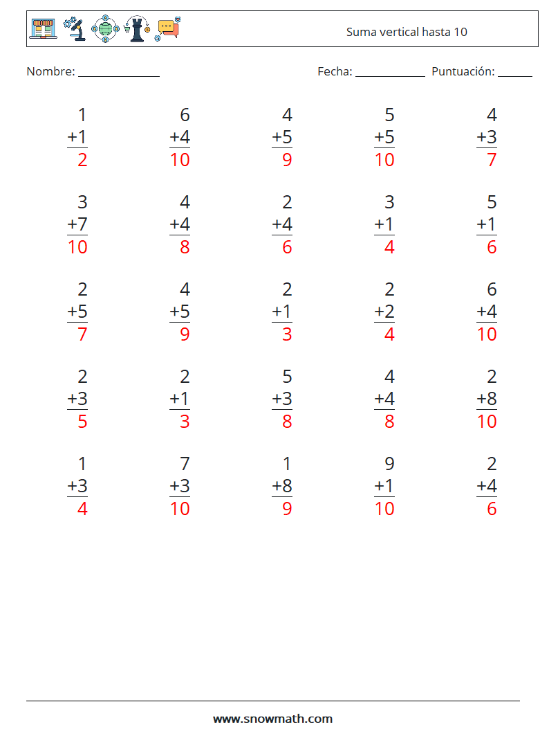 (25) Suma vertical hasta 10 Hojas de trabajo de matemáticas 9 Pregunta, respuesta