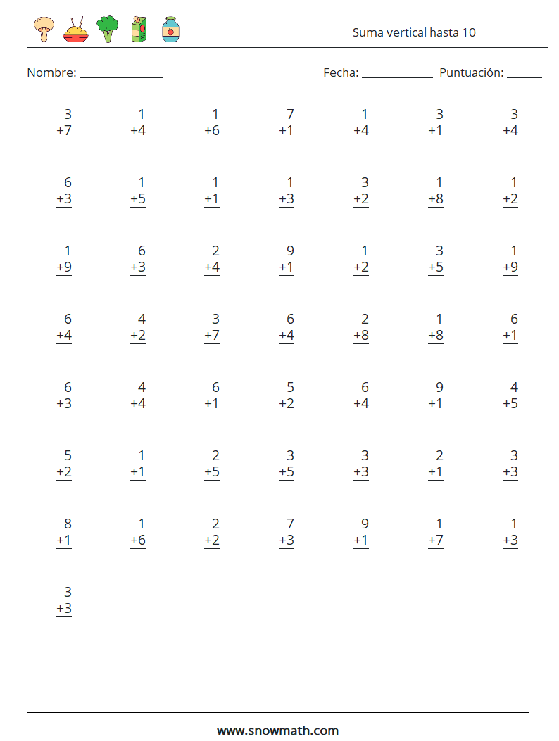 (50) Suma vertical hasta 10 Hojas de trabajo de matemáticas 1